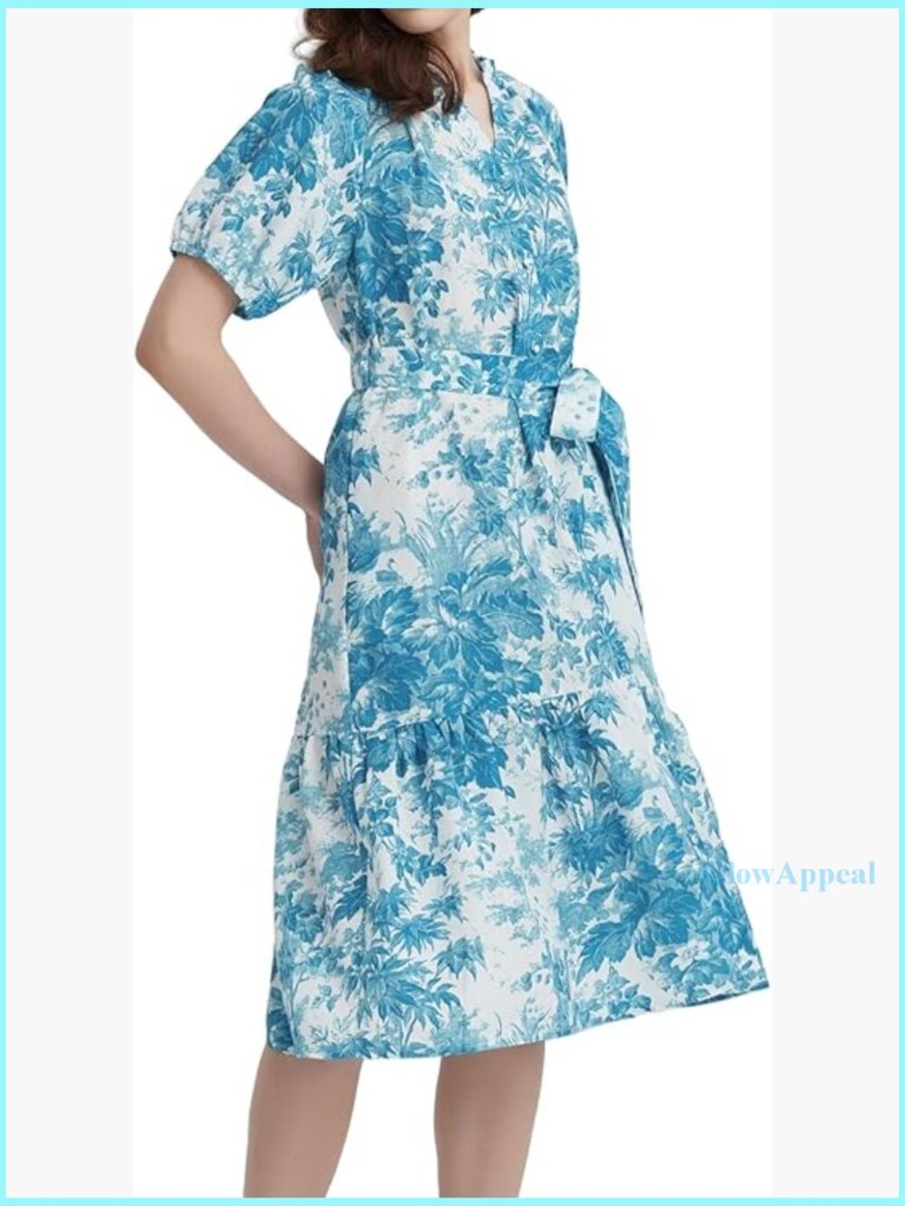 Floral Midi Dress Puff Sleeve V-Neck Button Front Belt Casual Maxi